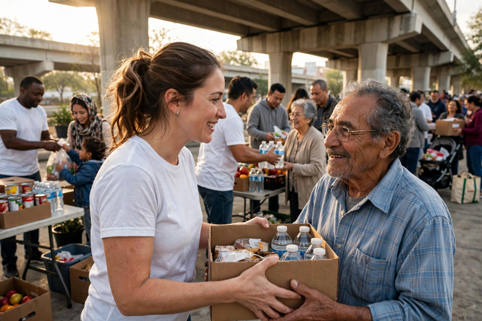 Community volunteers sharing food, water and groceries with neighbors