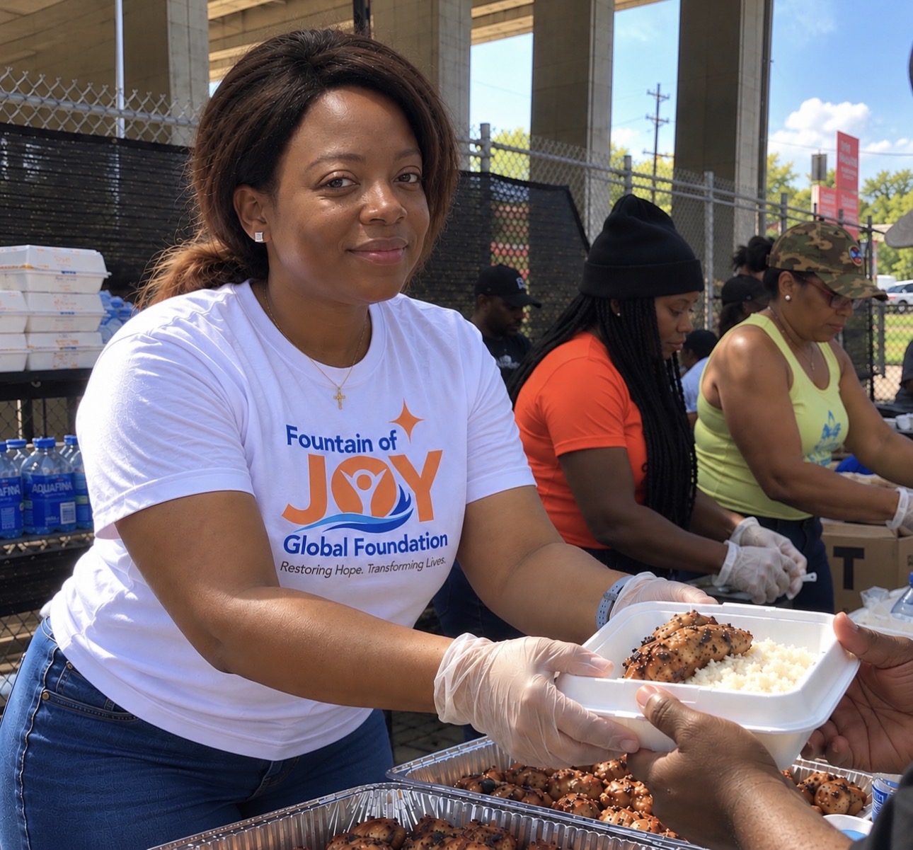 Volunteer handing a prepared meal to a community member