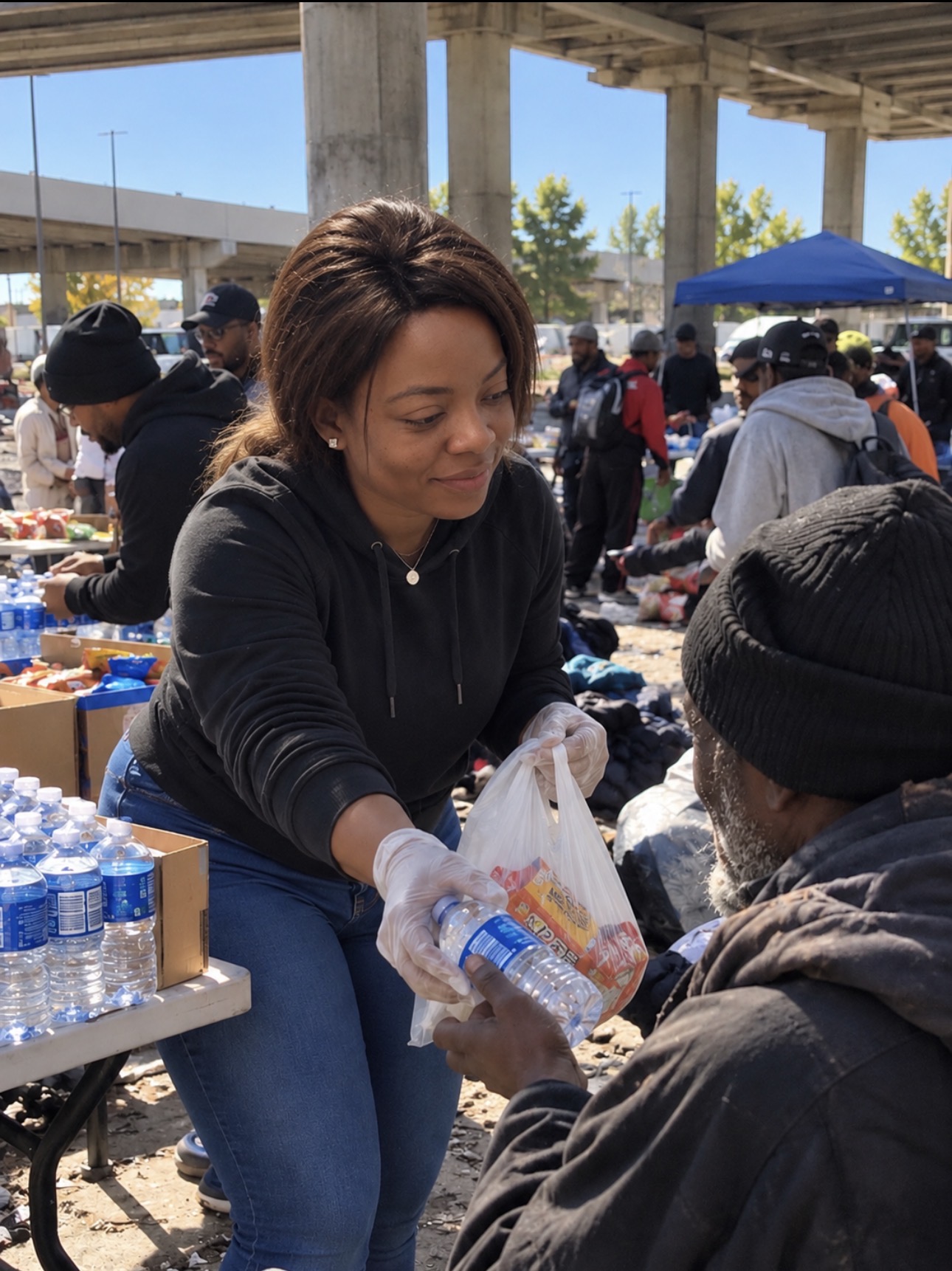 Volunteers providing water during community outreach